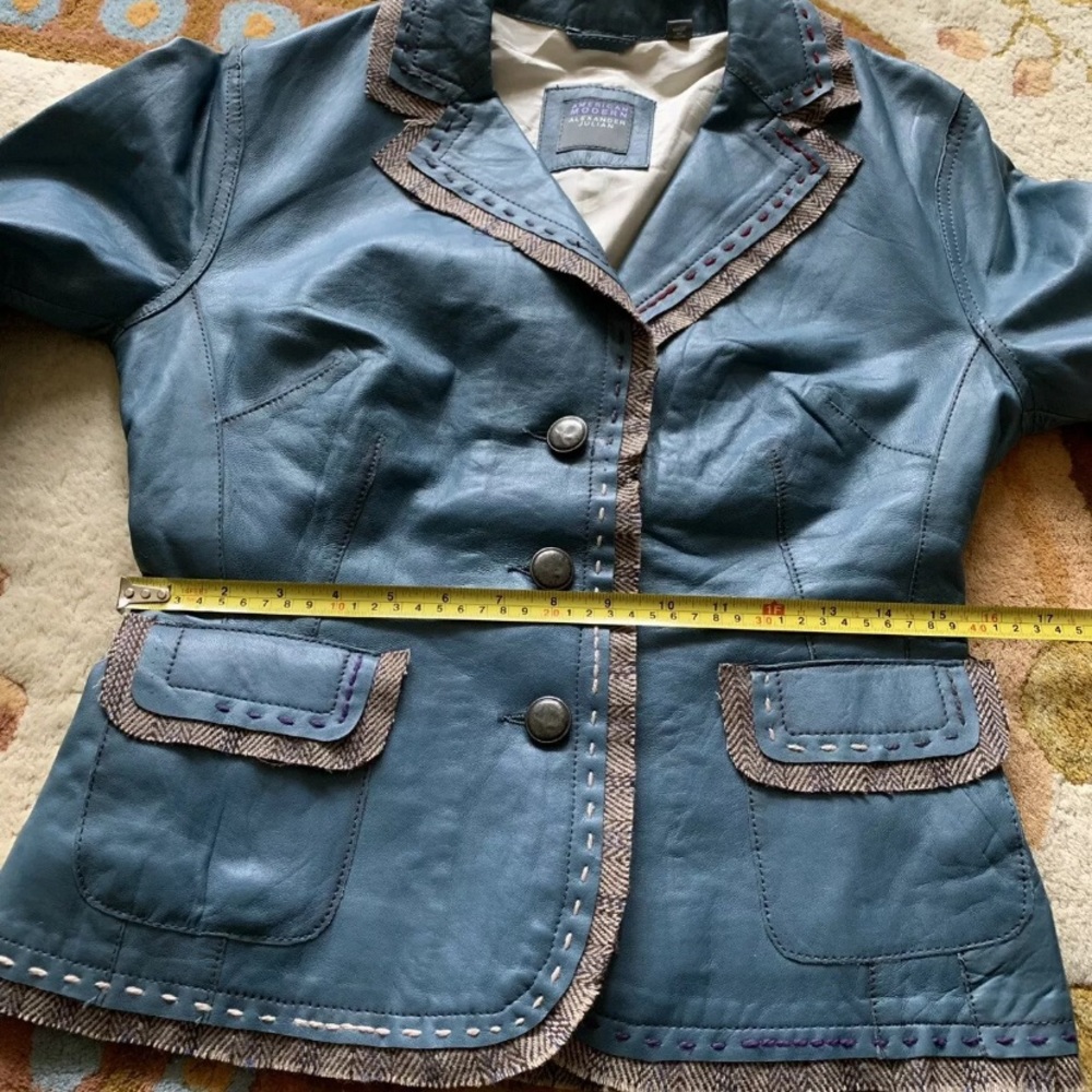 Blue Leather Jacket With Brown Thread Lining Small - Picture 9 of 11